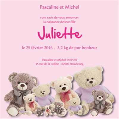 Faire part de naissance fille (modèle oursons)