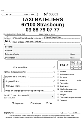 Carnet de 50 Factures pour taxi, à personnaliser (noir et blanc). Tarifs J/N - dim/férié - zone ABCD