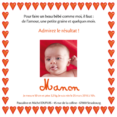 Faire part de naissance fille (modèle coeurs)