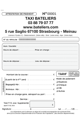 Carnet de 50 Attestations de Paiement pour Taxi, à personnaliser (N/B). Tarifs J/N - Dim/férié