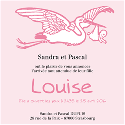 Faire part de naissance fille (modèle cigogne)