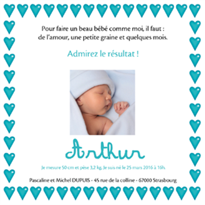 Faire part de naissance garçon (modèle coeurs)