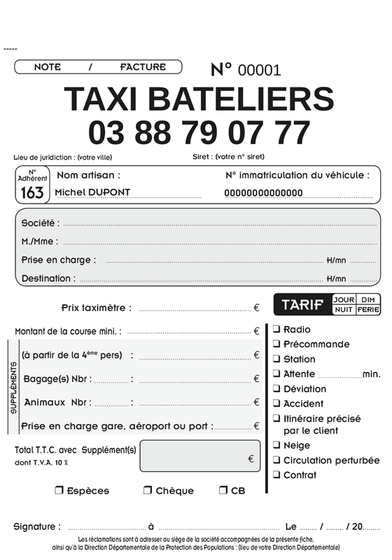 Carnets Facture Taxi