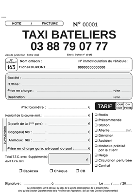 Carnet de 50 Factures pour taxi, à personnaliser (noir et blanc). Tarifs J/N - dim/férié