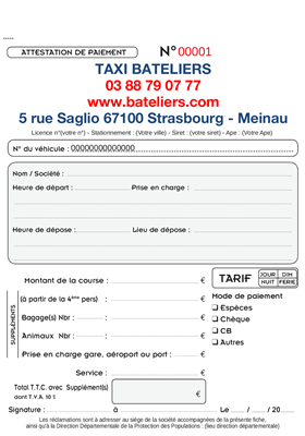 Carnet de 50 Attestations de Paiement Taxi à personnaliser (couleur). Tarifs J/N - Dim/Férié