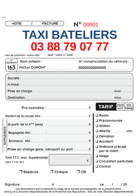 Carnet de 50 Factures pour Taxi, à personnaliser (couleur). Tarifs J/N - dim/férié